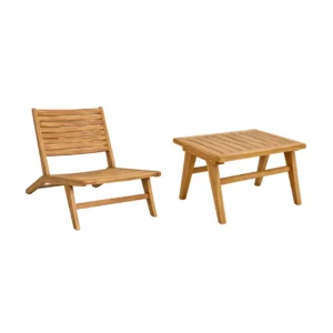 Kursi santai Recawan minimalis dengan meja kayu natural untuk teras, balkon, taman, dan ruang santai modern