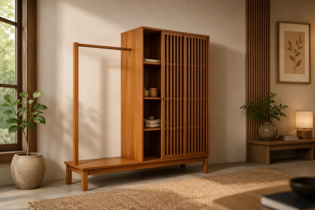 Lemari pakaian custom pintu geser bahan kayu solid Jepara