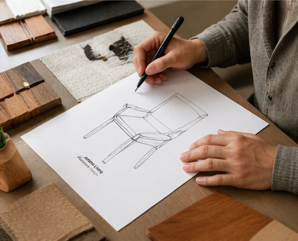 Proses pembuatan sketsa desain kursi kayu custom di Arruma Living Jepara