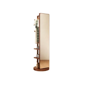 Cabinet Kaca Minimalis Elora dengan cermin full body, rak penyimpanan, dan gantungan pakaian berbahan kayu.