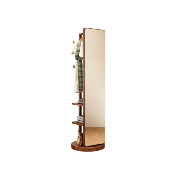 Cabinet Kaca Minimalis Elora dengan cermin full body, rak penyimpanan, dan gantungan pakaian berbahan kayu.