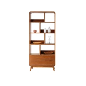 Cabinet Kayu Minimalis Gridova dengan rak terbuka dan laci penyimpanan berbahan kayu solid.