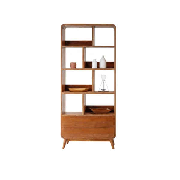 Cabinet Kayu Minimalis Gridova dengan rak terbuka dan laci penyimpanan berbahan kayu solid.