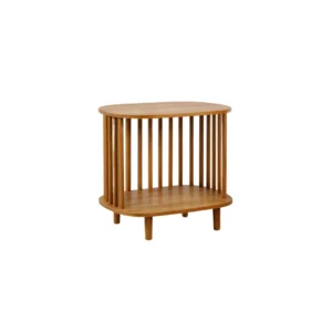 Meja Kayu Minimalis Amora dengan desain bulat, bilah kayu vertikal, dan rak terbuka berbahan kayu solid.