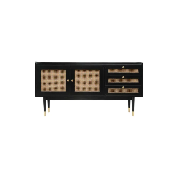 buffet-kayu-minimalis-noirva Buffet kayu minimalis Noirva dengan panel rotan, tiga laci, dan finishing hitam untuk interior modern