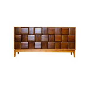 Buffet kayu minimalis Solano dengan panel geometris tiga dimensi dan desain modern untuk interior rumah