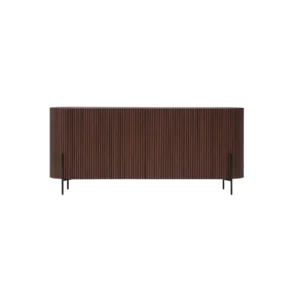 Buffet kayu minimalis Veltrano dengan detail bilah kayu vertikal dan kaki besi hitam untuk interior modern