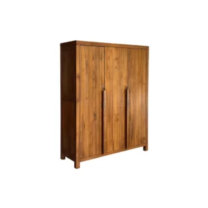 Cabinet kayu minimalis Tavero dengan tiga pintu dan aksen bilah vertikal untuk interior modern dan Japandi
