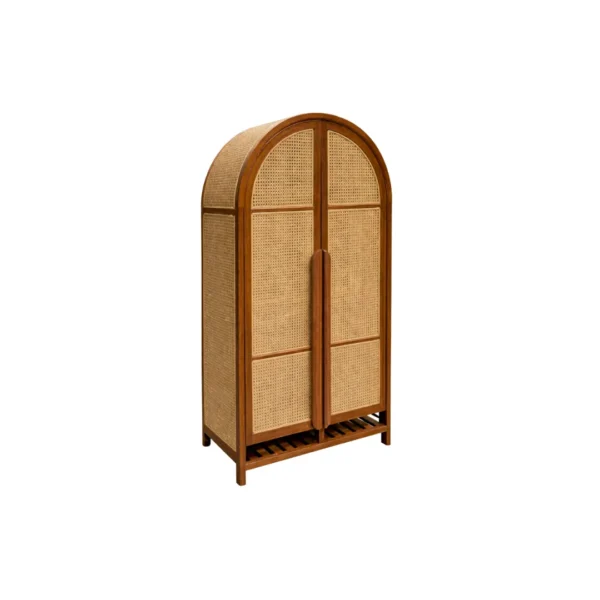Cabinet Rotan Minimalis Arvessa berbahan kayu solid dan rotan alami dengan desain lengkung modern.